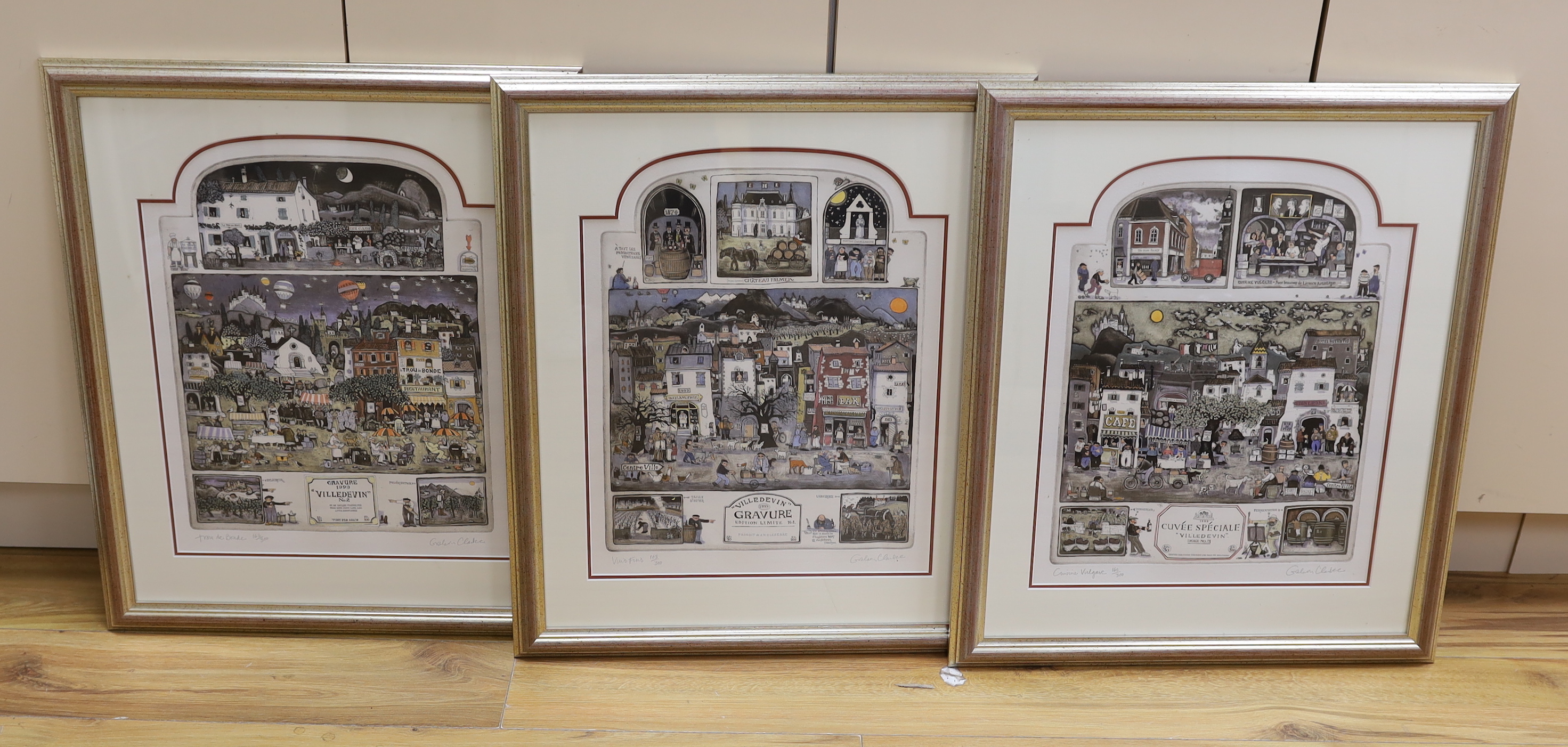 Graham Clarke (b.1941) set of three colour etchings, 'Ville de Vin' including 'Cuisine Vulgare', each signed in pencil and limited edition of 300, 49 x 38cm